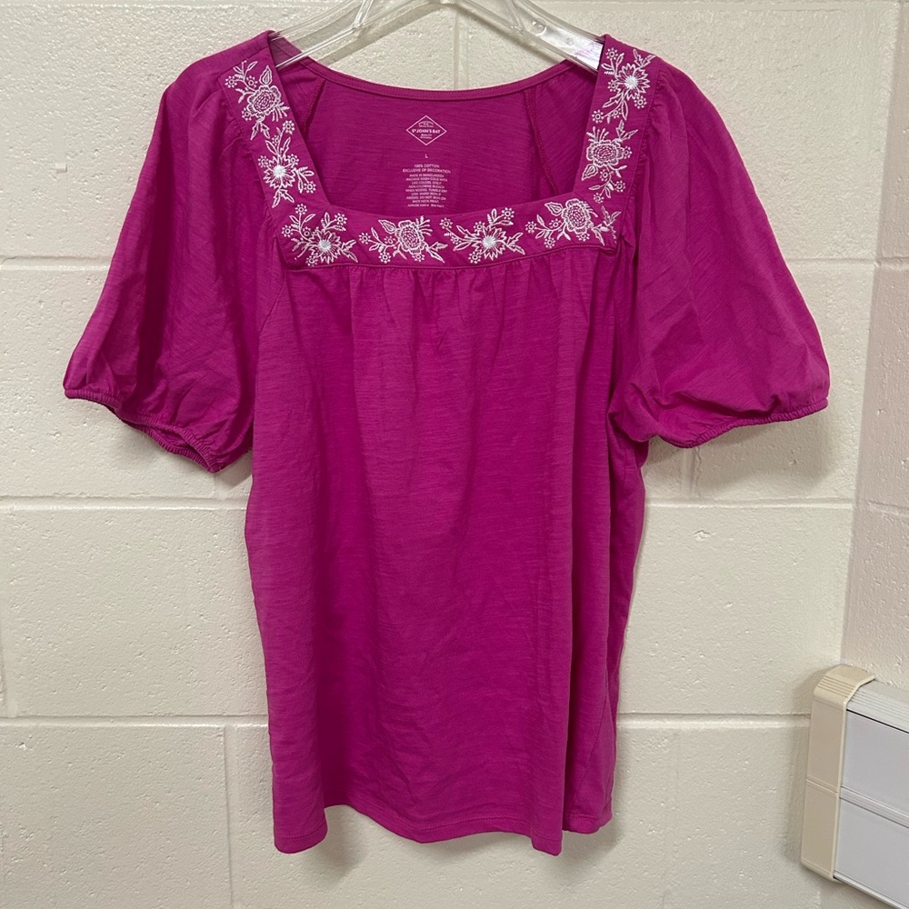 39. St. John's Bay Fuchsia Blouse with White Embroidery